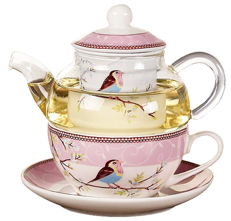 Jusalpha Glass Teapot with a Fine China Infuser Strainer, Cup and Saucer Set,Teapot and Teacup for One, Tea for one #05 (Pink) - Image 1